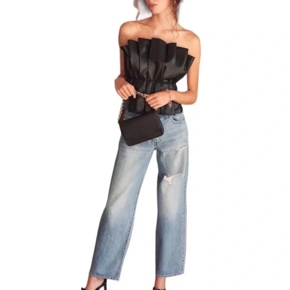 “DO+BE” Pleated Ruffle Faux Leather Top - Picture 5 of 16